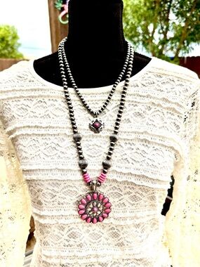 Western Pink Turquoise & Zia Layered Statement Necklace NWT